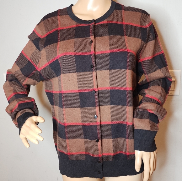 Ann Taylor Metallic Red Black Brown Plaid Button Knit Sweater Cardigan Cotton XL - Picture 4 of 16